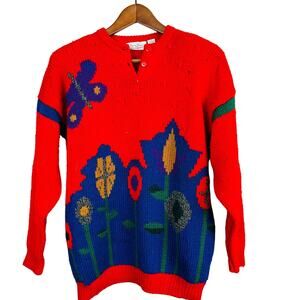 Vintage Jayson Younger Mid Mod Floral Print Sweater Long Sleeve Red - M